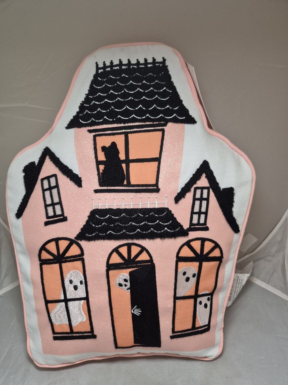 Cupcakes and Cashmere Pink Haunted House Halloween Throw Pillow Ghosts Cat 18x13